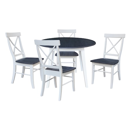 International Concepts 42 in. Solid Wood Round Dual Drop Leaf Dining Table with 4 Chairs in White/Heather Gray K05-42DL-C613-4